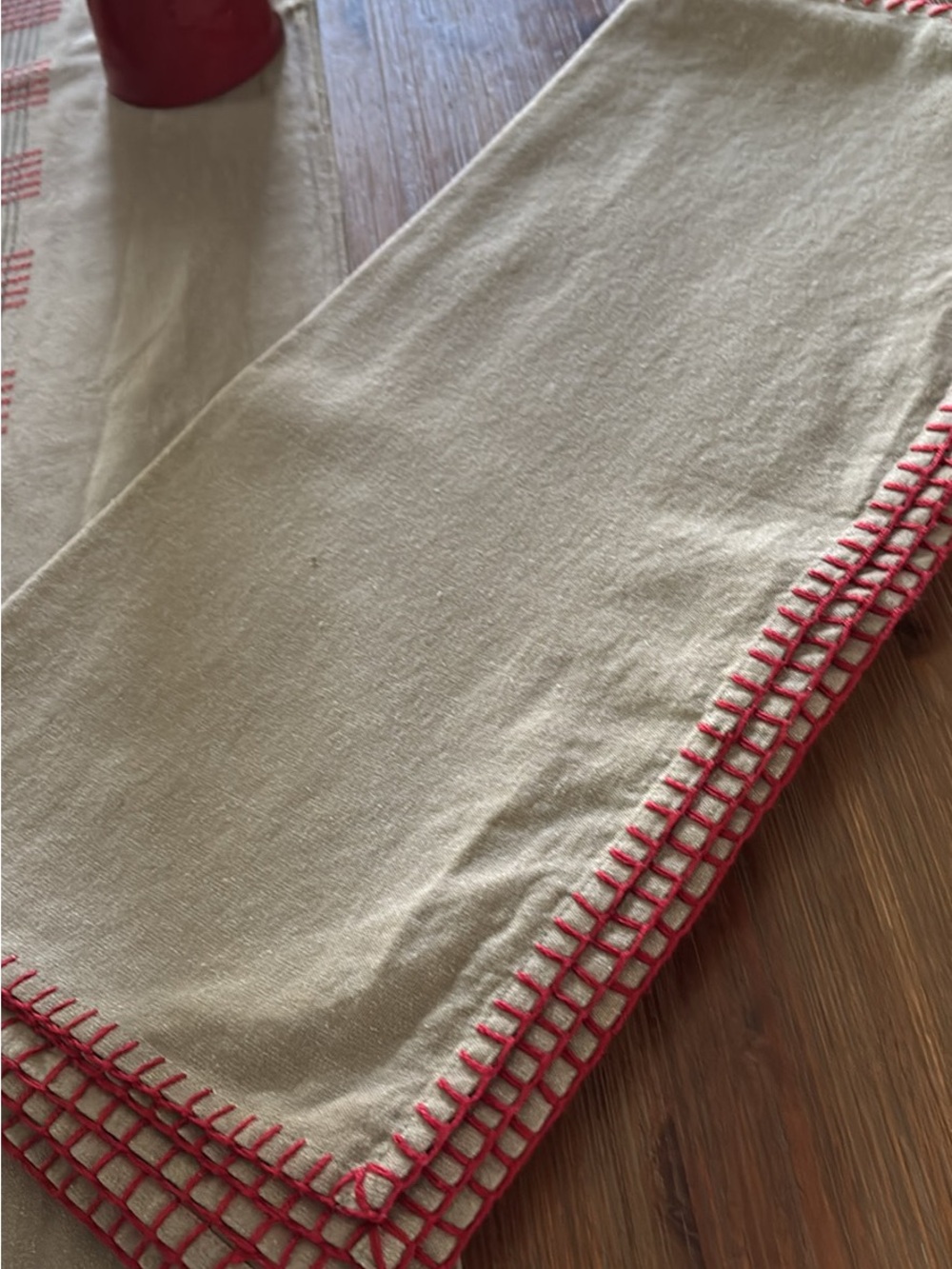 West Elm Cream Table Runner with Red Stitching